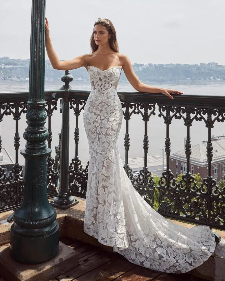 front of calla blanche jill champagne lace fit and flare wedding dress with strapless sweetheart neckline
