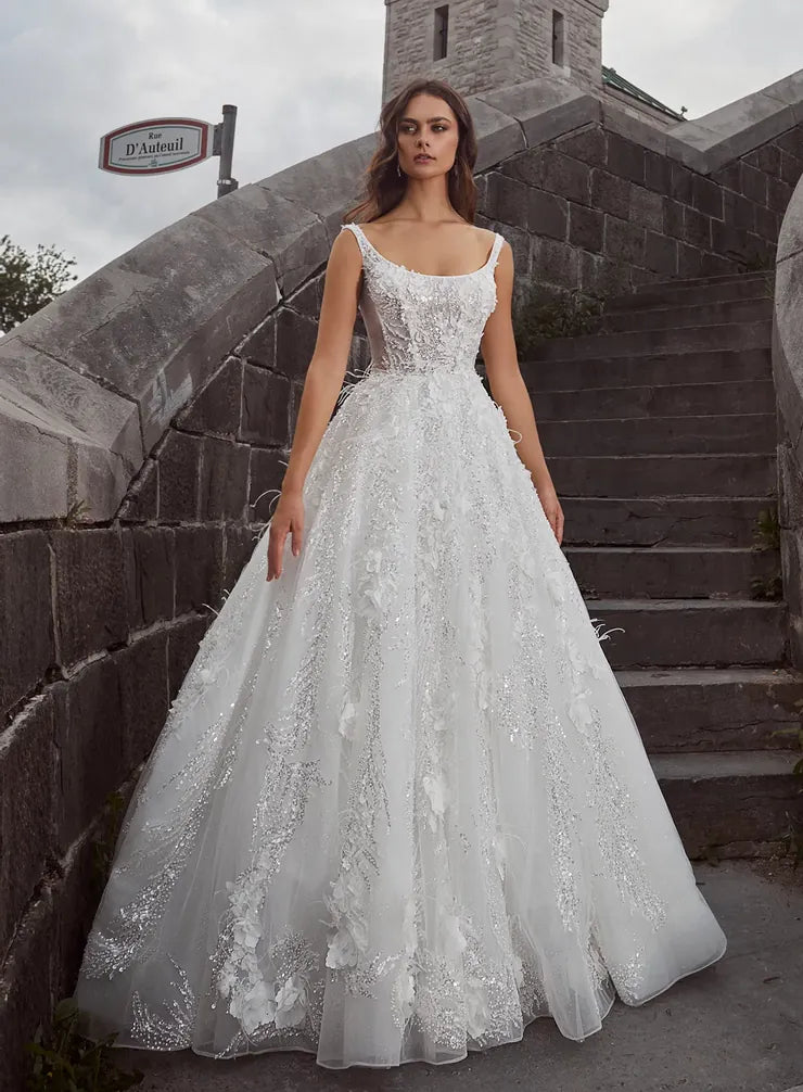 front of calla blanche mari ivory beaded lace ball gown wedding dress with a scoop neckline