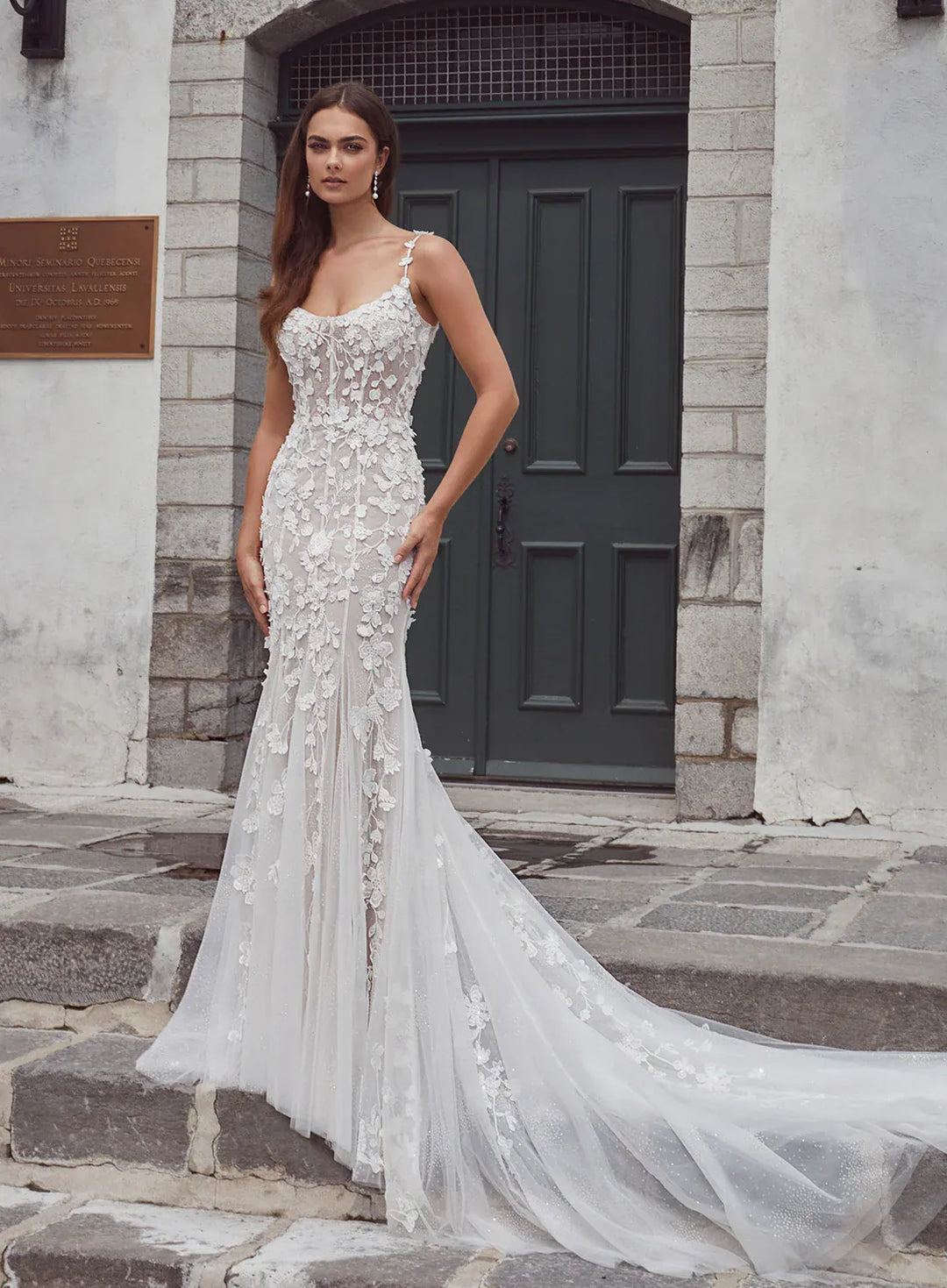 front of calla blanche meysara ivory and nude lace fitted wedding dress with a scoop neckline
