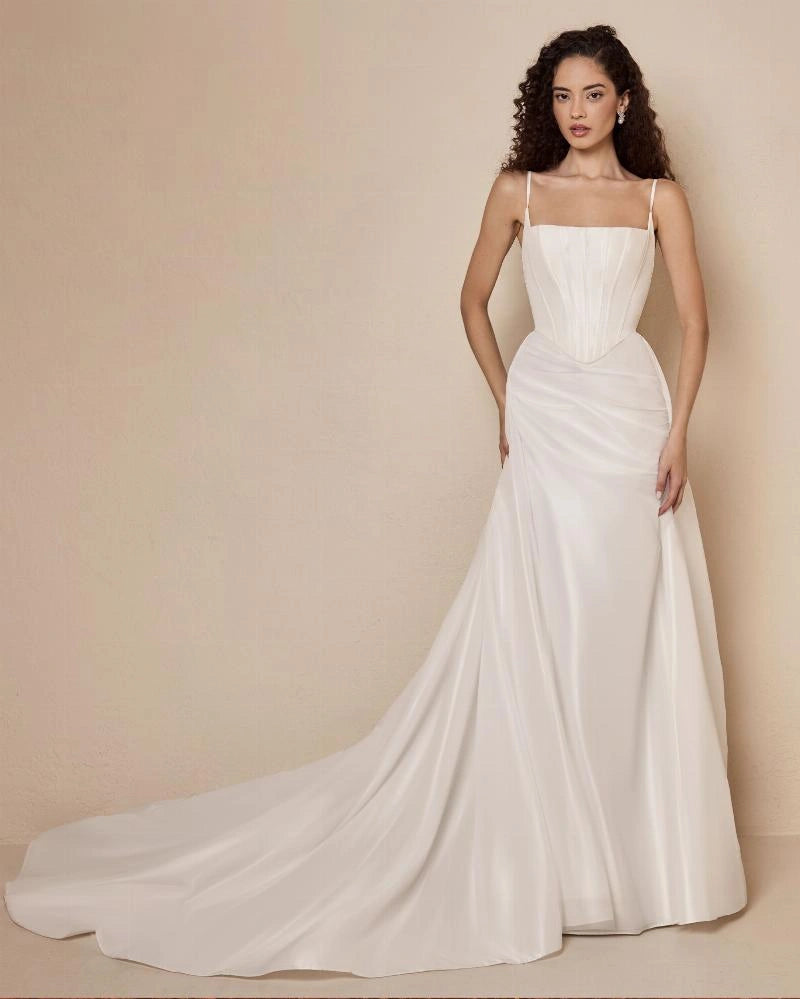 front of blanc by calla blanche nura ivory taffeta fitted wedding dress with square neckline, basque waist, and flowy skirt