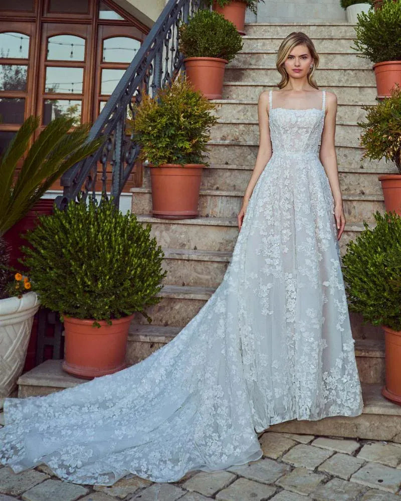 full front of calla blanche reagan nude lace and tulle a-line wedding dress with a square neckline and thin straps