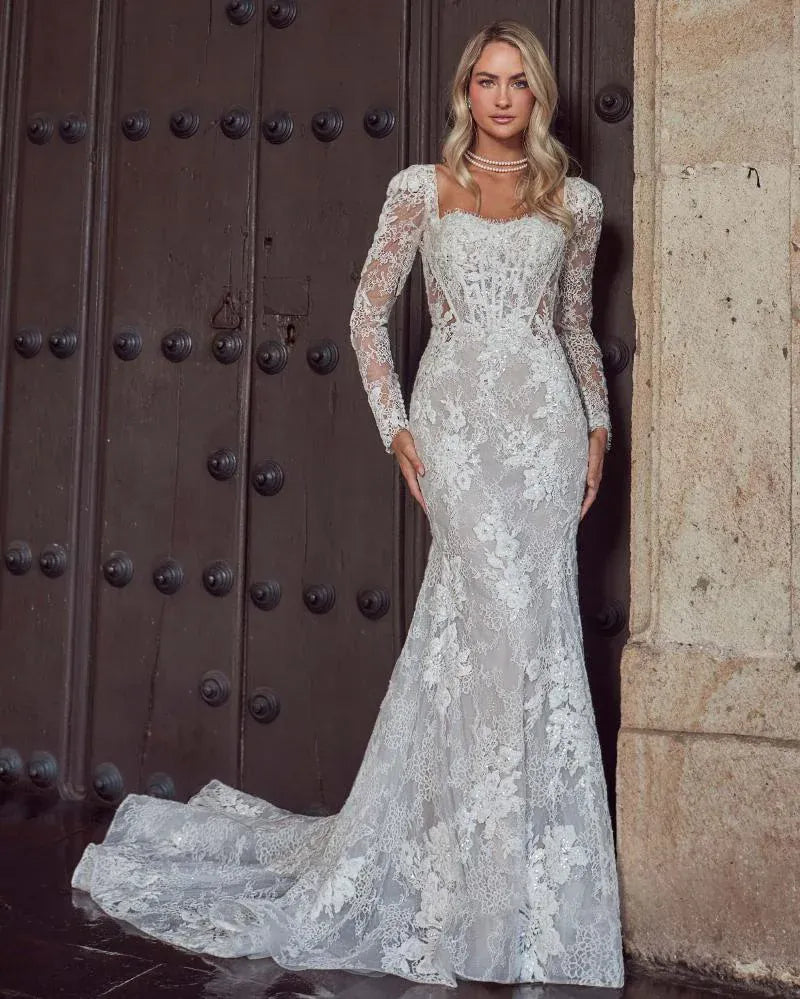 front of calla blanche sadee champagne lace fit and flare wedding dress with detachable long sleeves