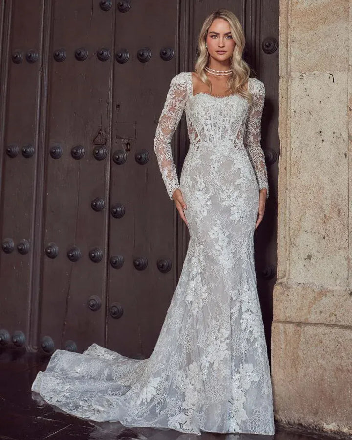 front of calla blanche sadee champagne lace fit and flare wedding dress with detachable long sleeves