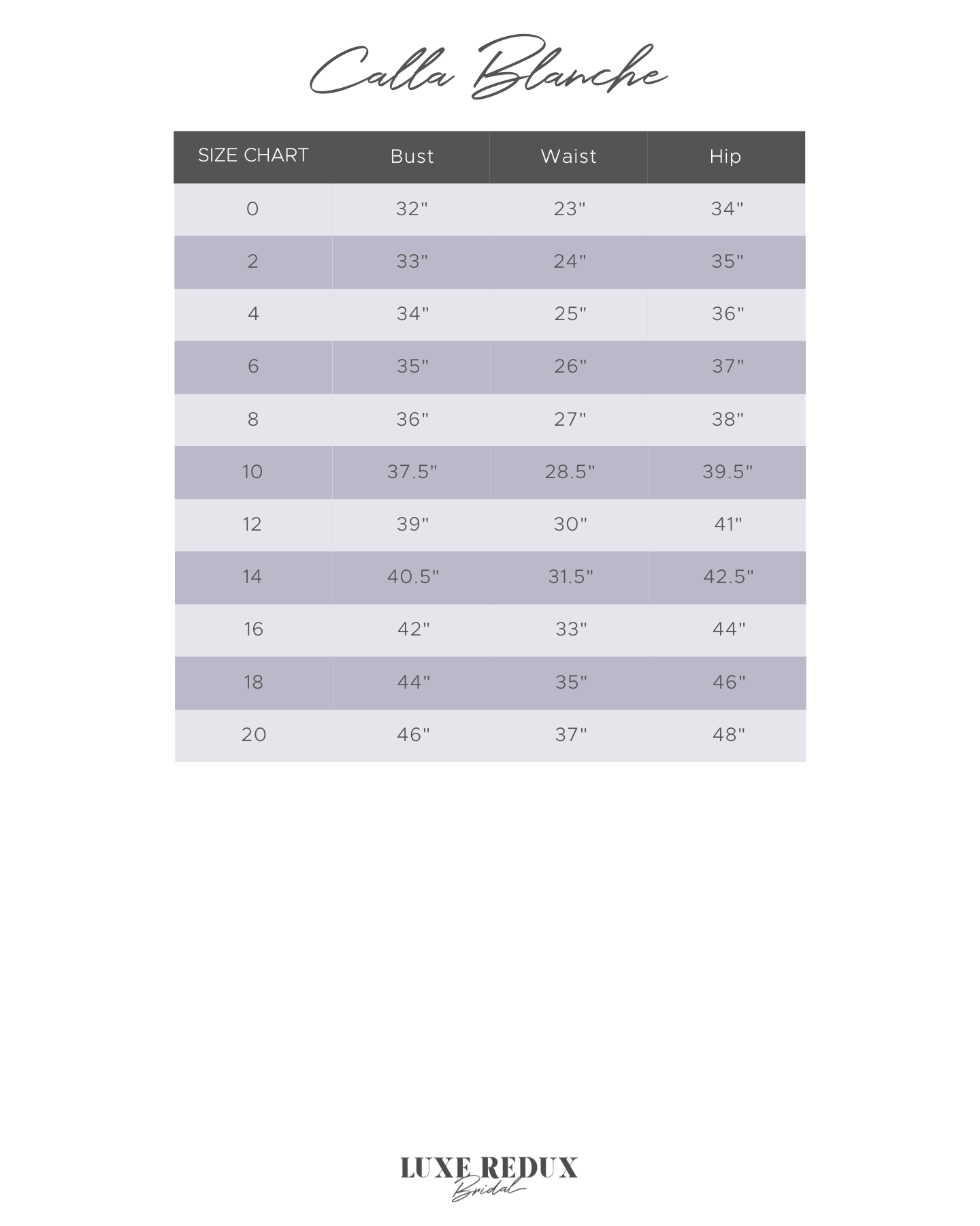 Calla Blanche Fleur - Size 14 Size Chart