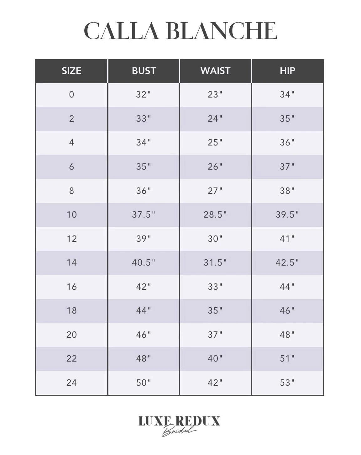 Calla Blanche Athenea - Size 12 Size Chart