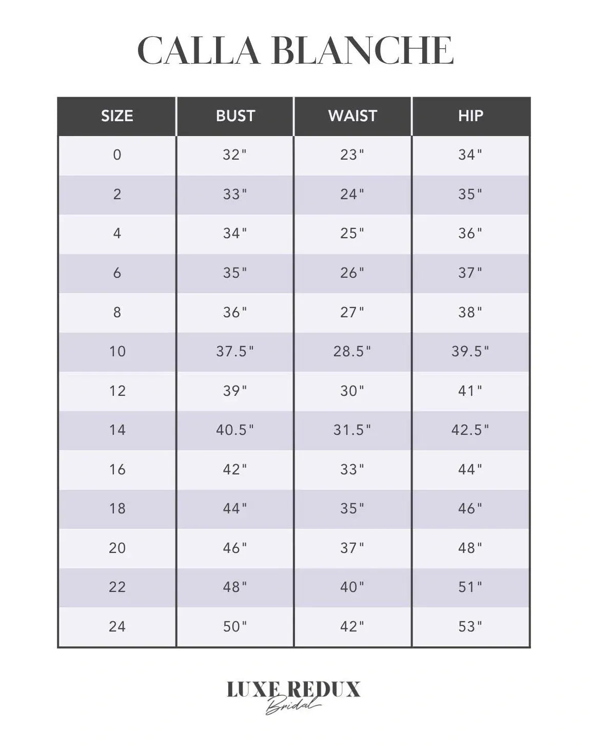 Calla Blanche Gilda 123104  - Size 14 Size Chart