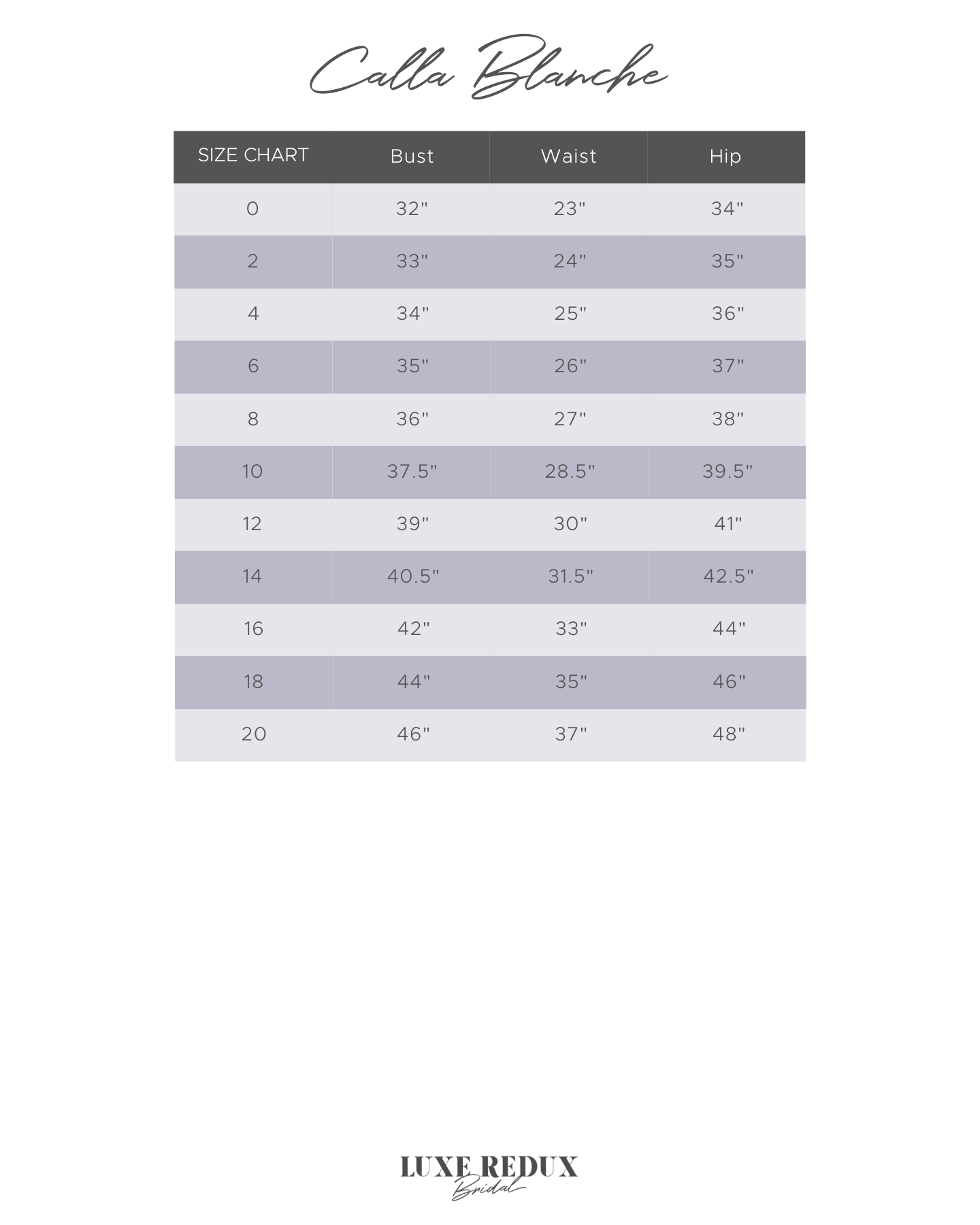 Calla Blanche Alessandra - Size 12 Size Chart