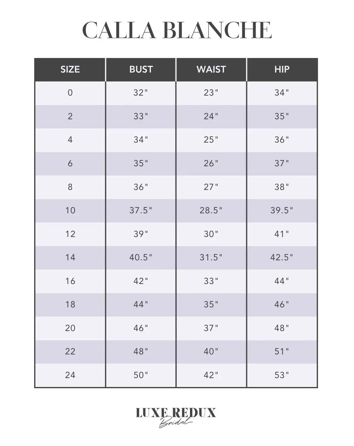 Calla Blanche Bela - Size 16 Size Chart