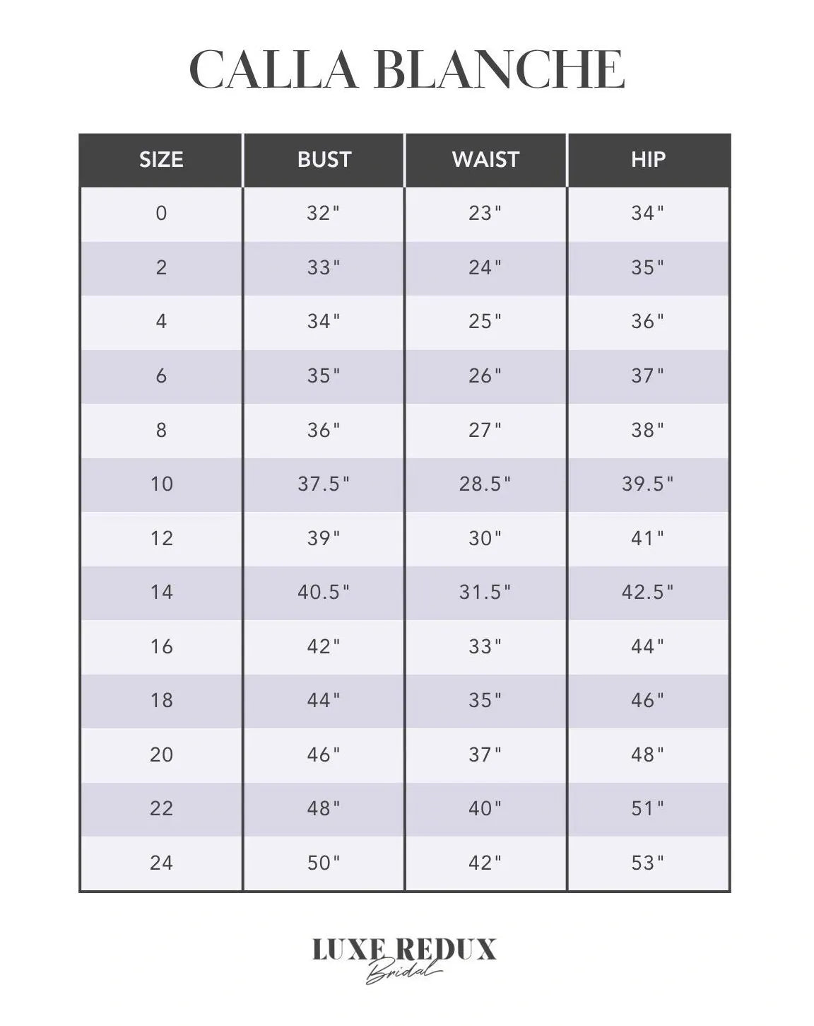 Calla Blanche Wilhelmina 123236 - Size 20 Size Chart