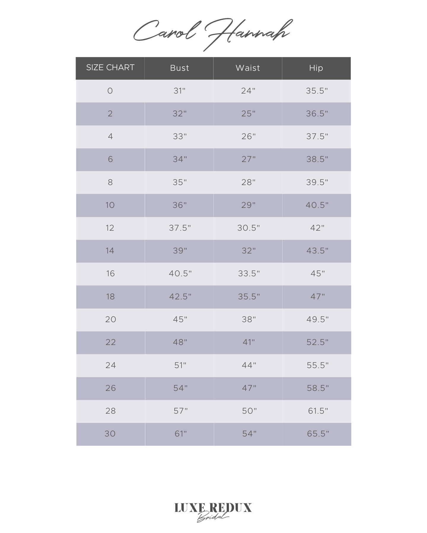 Carol Hannah Moonlight - Size 12 Size Chart