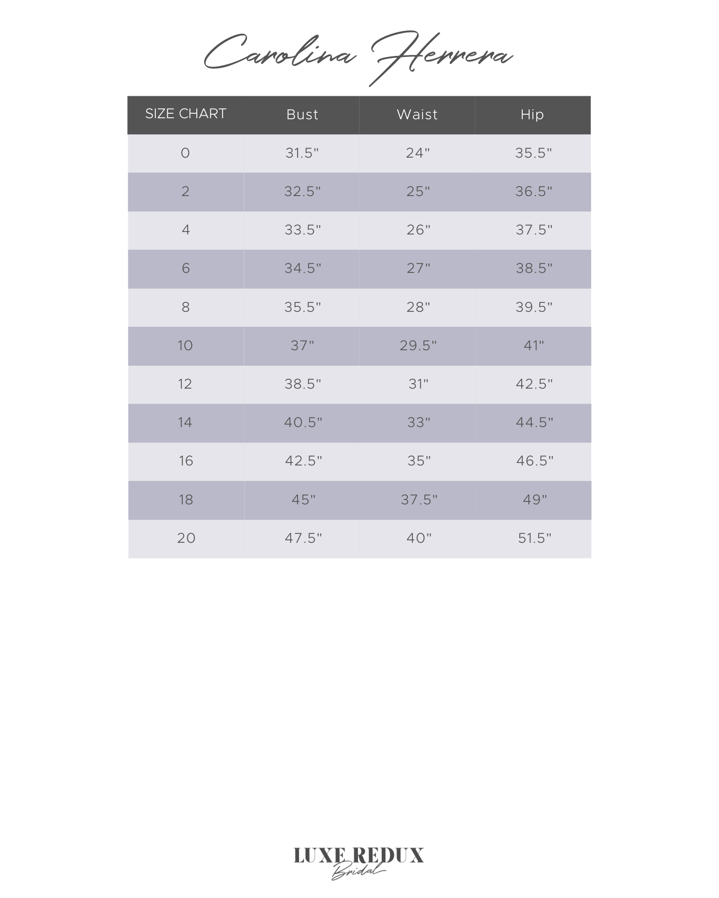 Carolina Herrera Gardenia - Size 10 Size Chart