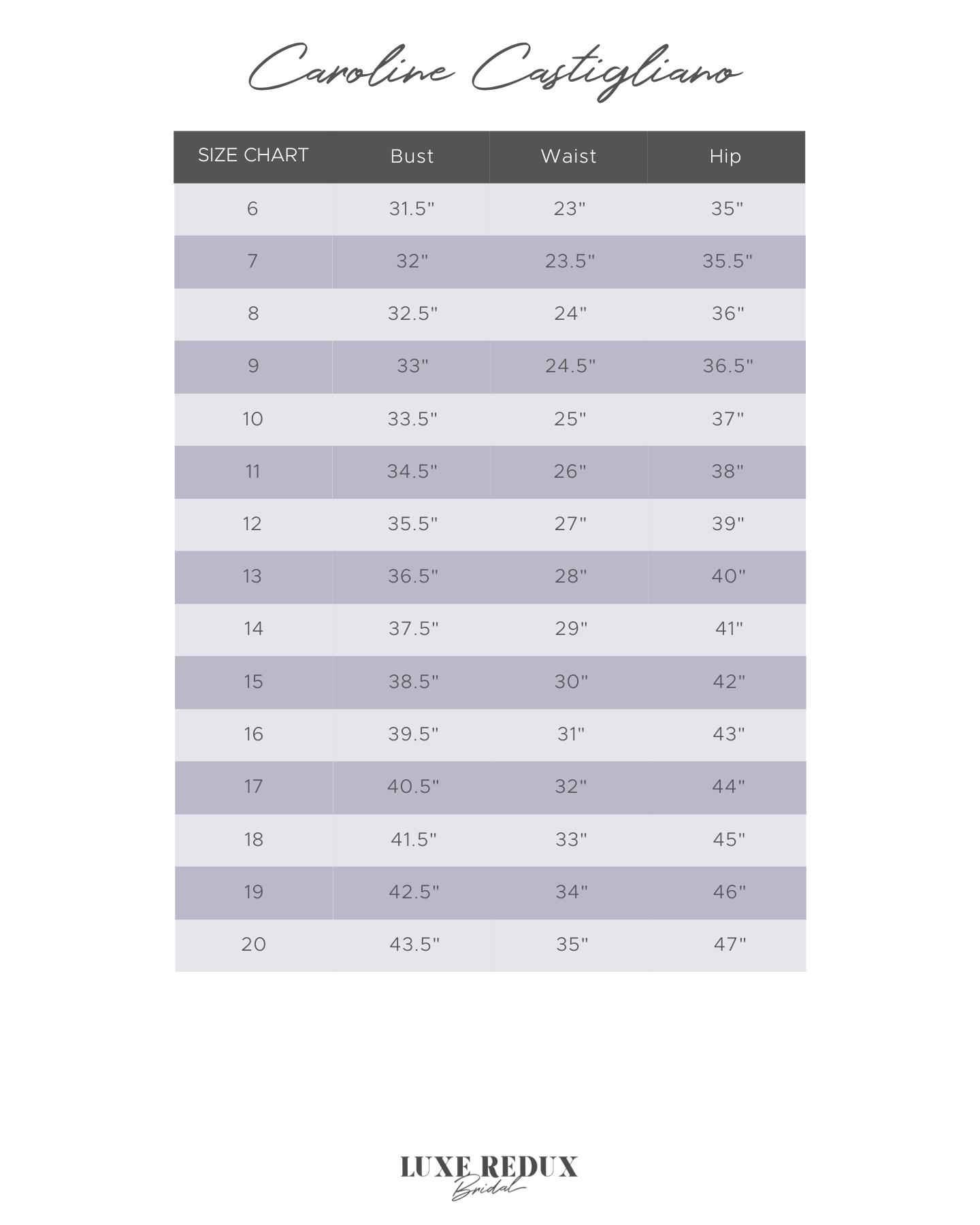 Caroline Castigliano Skye - Size 10 Size Chart