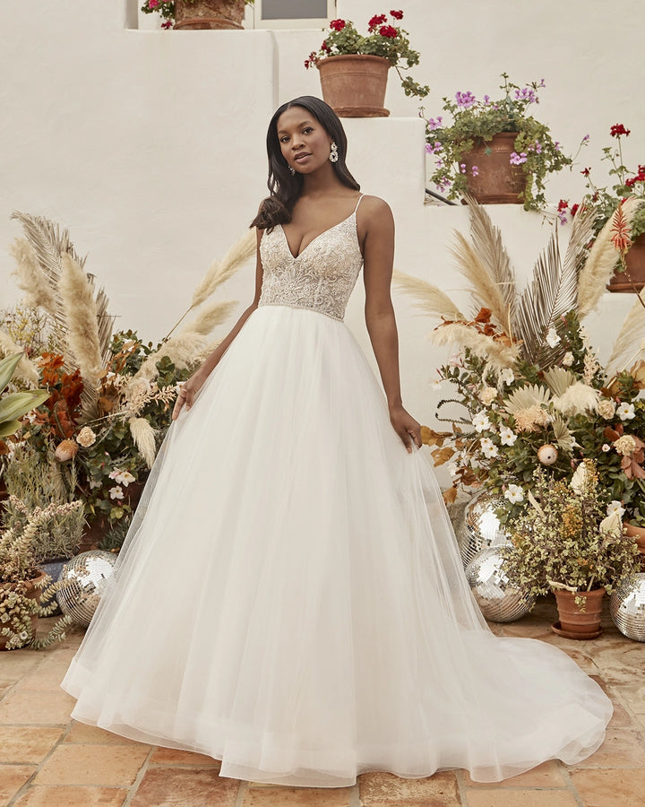 full front of casablanca emerald ivory tulle a-line wedding dress with a beaded bodice