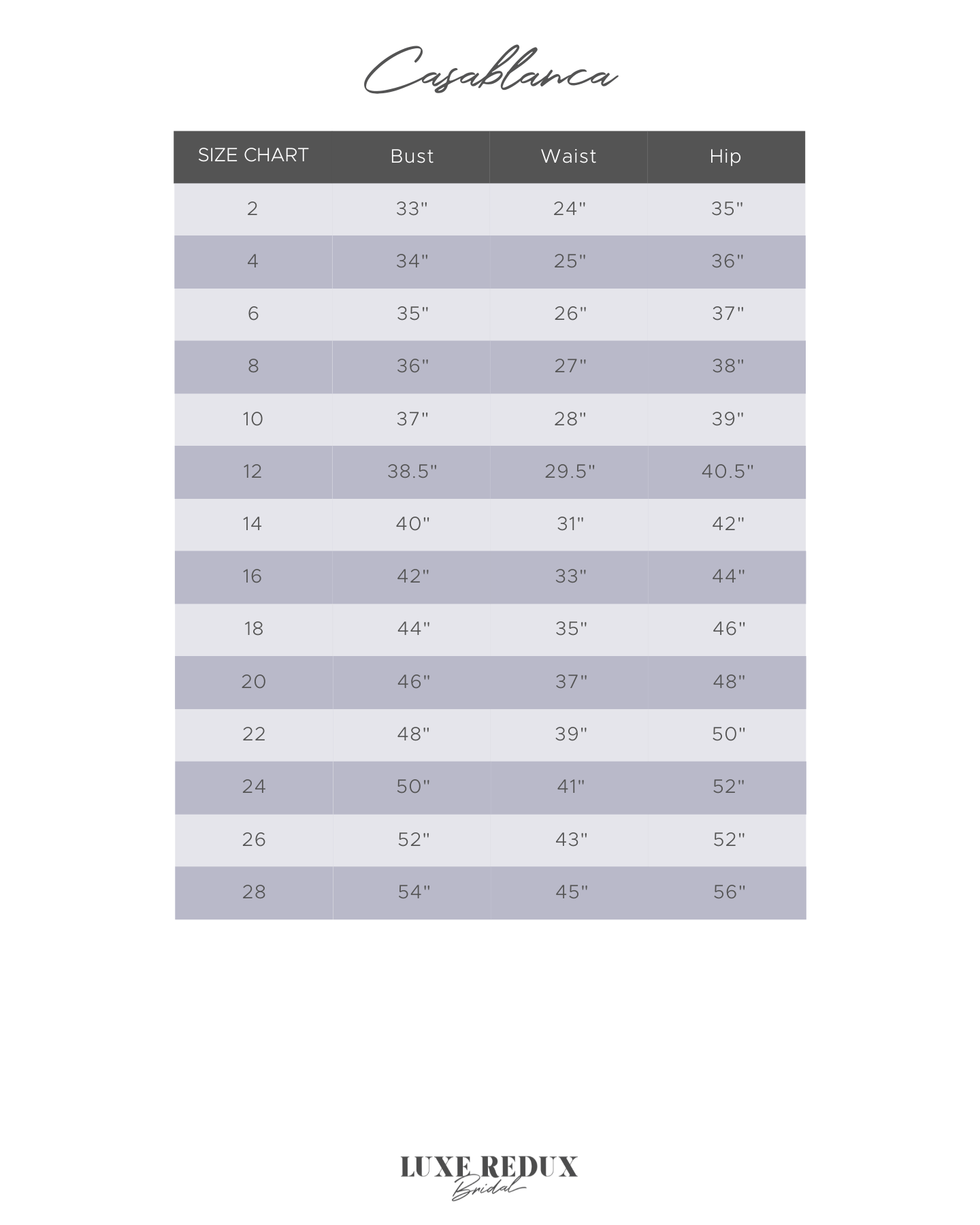 Casablanca 2376 - Size 20 Size Chart