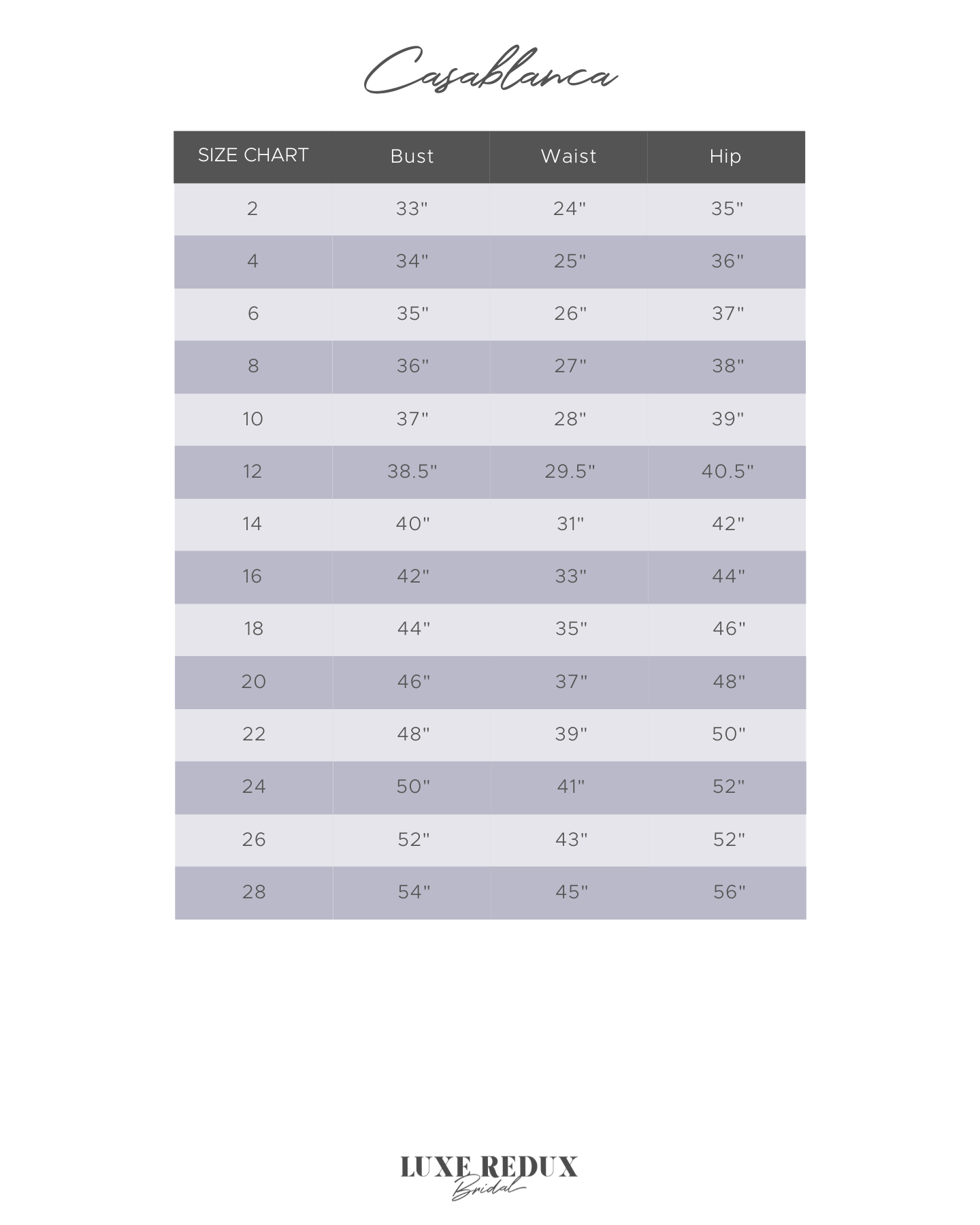 Casablanca Hattie - Size 16 Size Chart