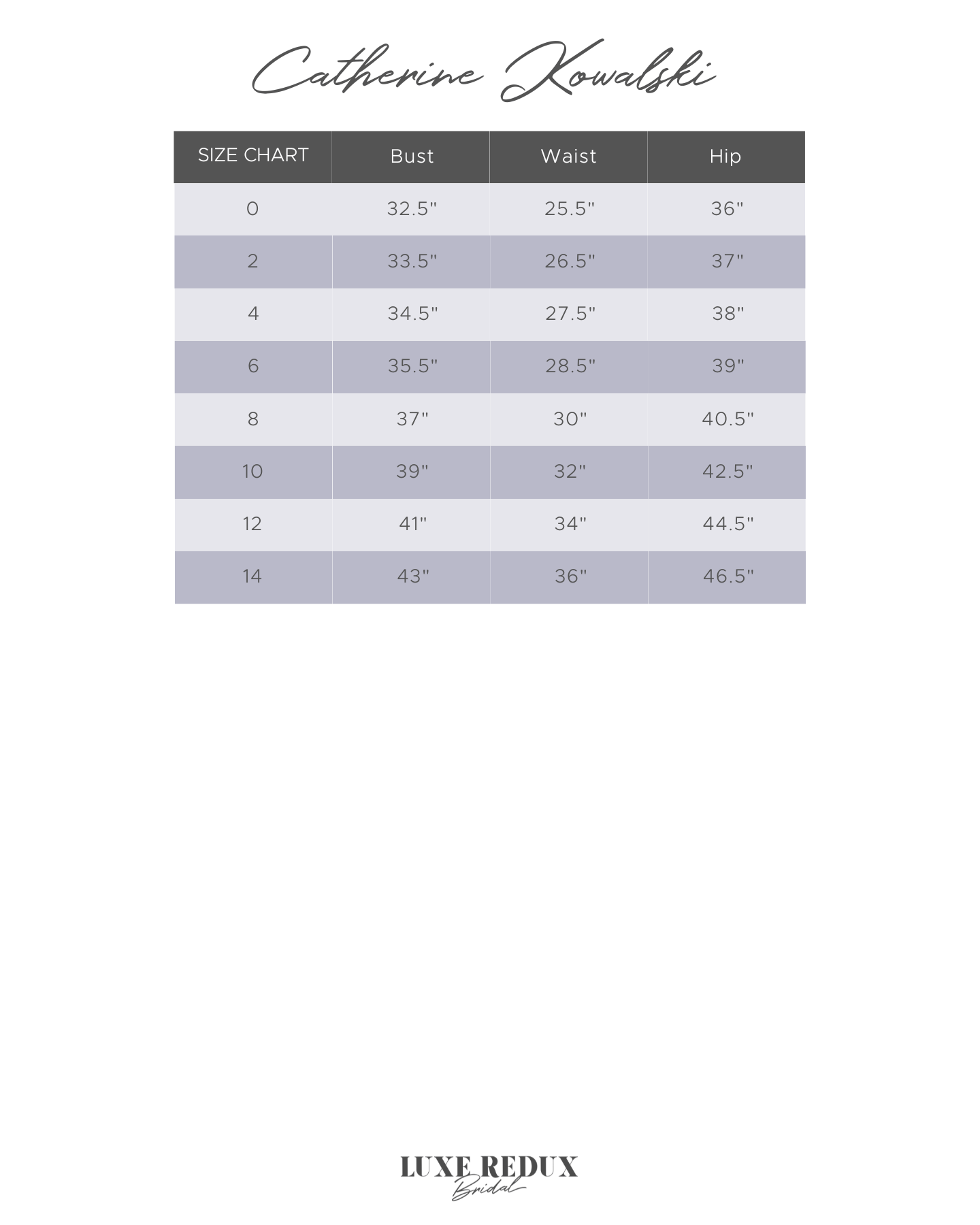 Catherine Kowalski Veda - Size 4 Size Chart