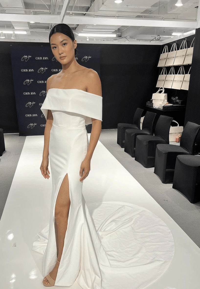 audrey off the shoulder dress AUDREY Off-Shoulder A-line Satin Gown
