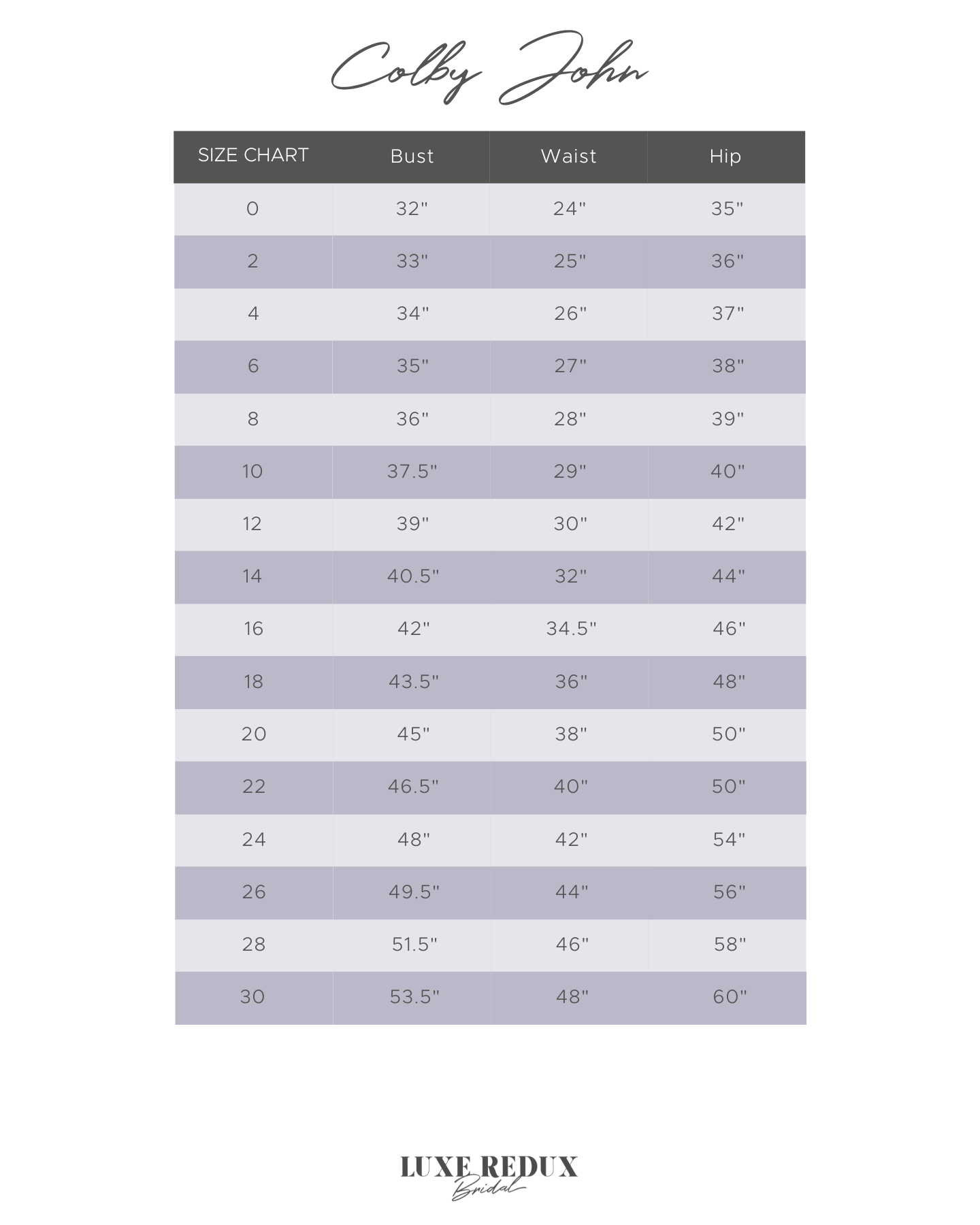 Colby John Kristy - Size 12 Size Chart