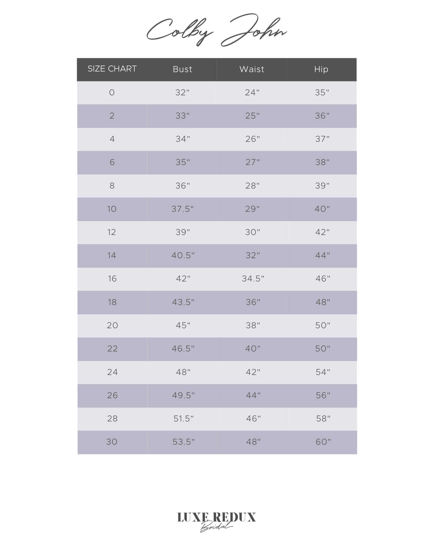 Colby John Miss Goode - Size 12 Size Chart