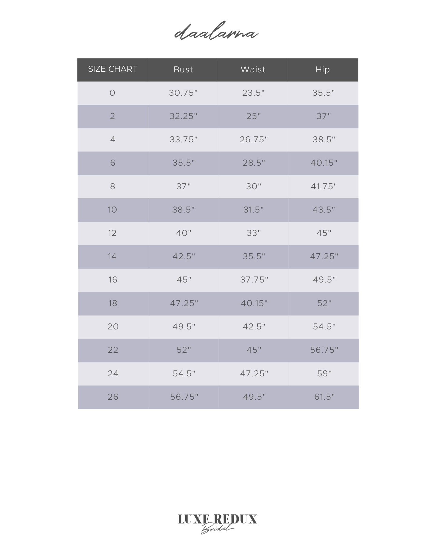 Daalarna BDP 205 - Size 6 Size Chart