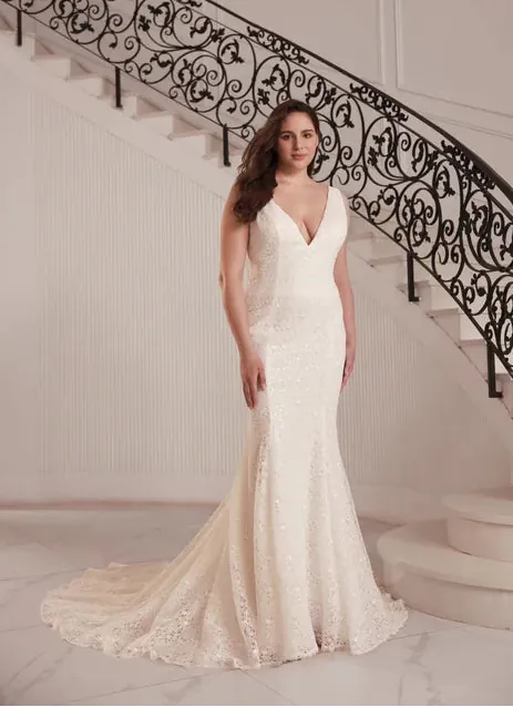front of dany girl margery ivory lace fit and flare wedding dress with a tulle overlay and v neckline, shown without the tulle overlay