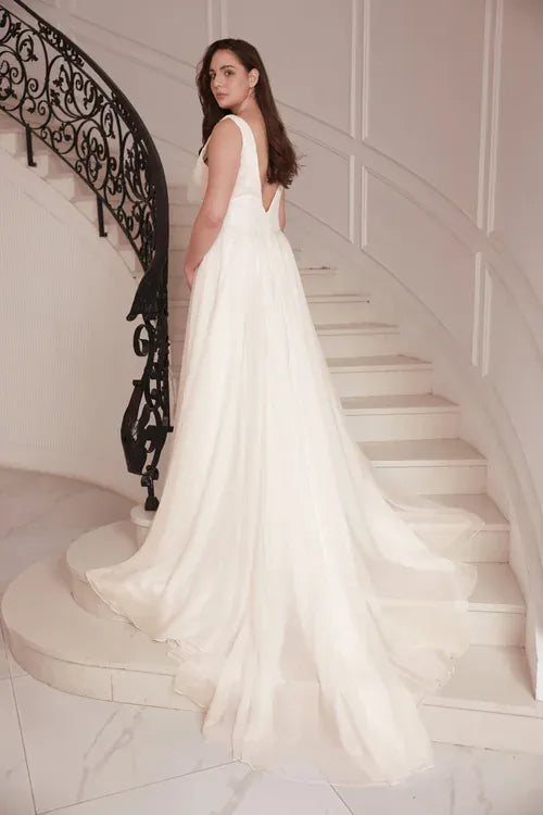 back of dany girl margery ivory lace fit and flare wedding dress with a tulle overlay and v back