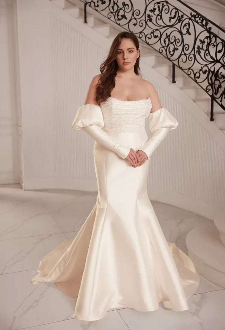 front of dany girl ophelia ivory satin fit and flare wedding dress with a beaded scoop bodice, shown with the matching long sleeves