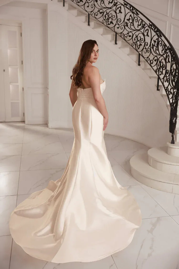 back of dany girl ophelia ivory satin fit and flare wedding dress with a short circle train