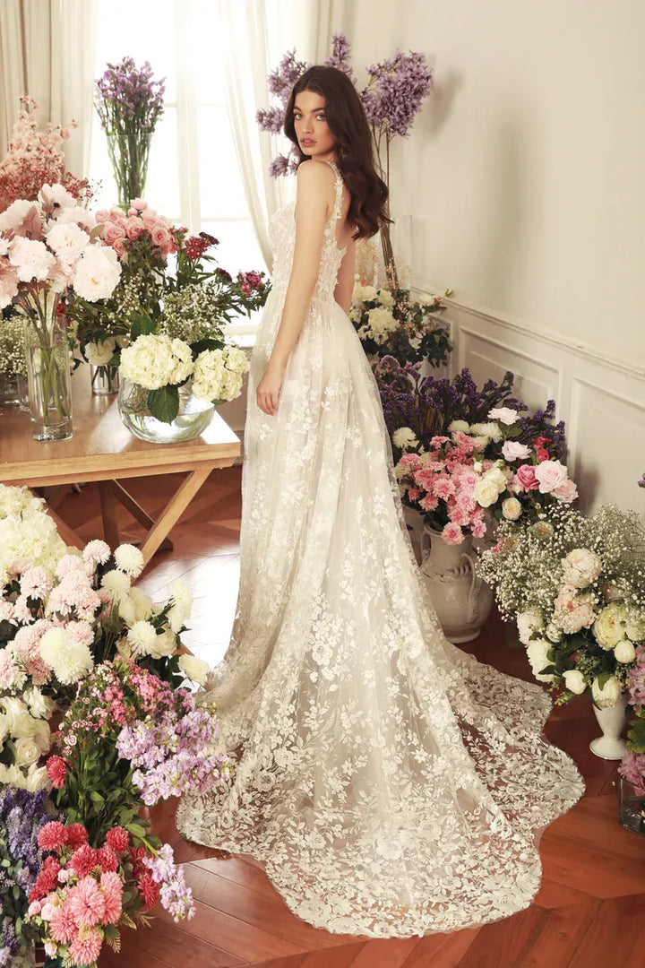 full back of dany tabet vida ivory lace applique wedding dress featuring a sheer lace train at the back