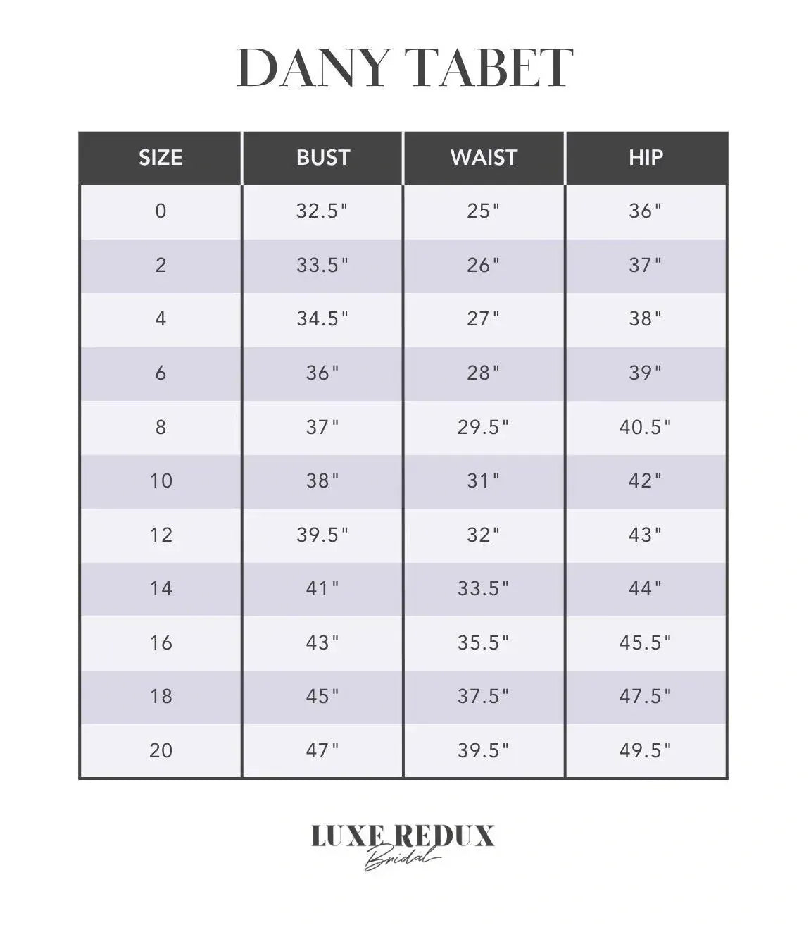 Dany Tabet Emilia - Size 10 Size Chart