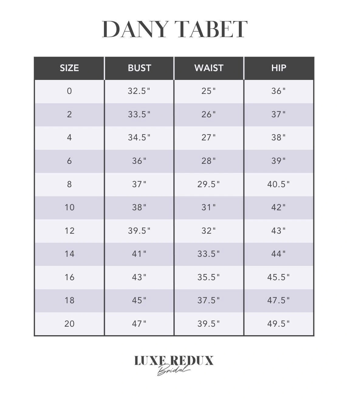 Dany Tabet Cami - Size 2 Size Chart