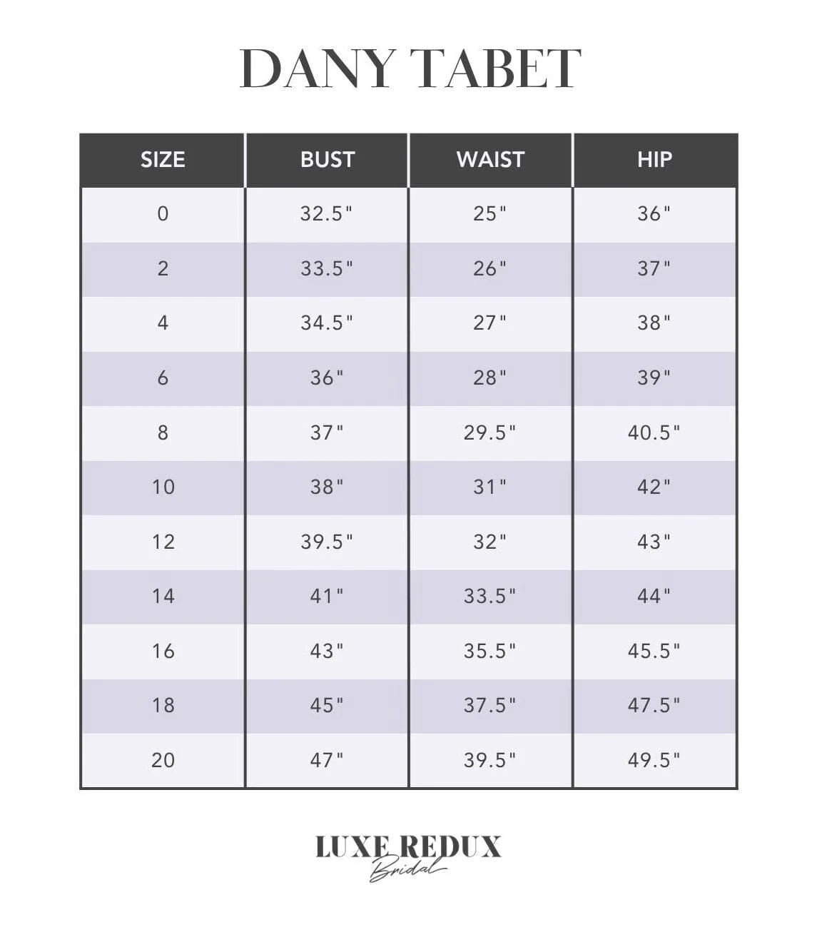 Dany Tabet Reverie - Size 10 Size Chart