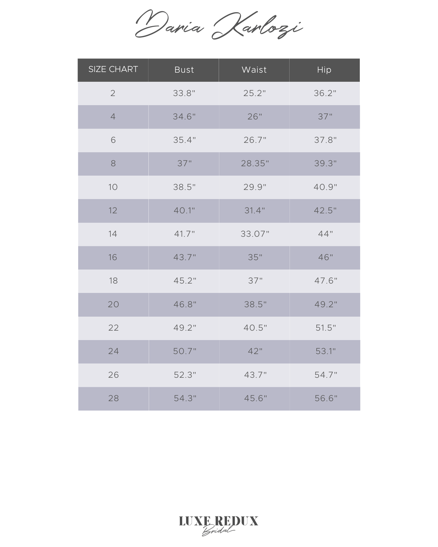 Daria Karlozi 8164 - Size 6 Size Chart