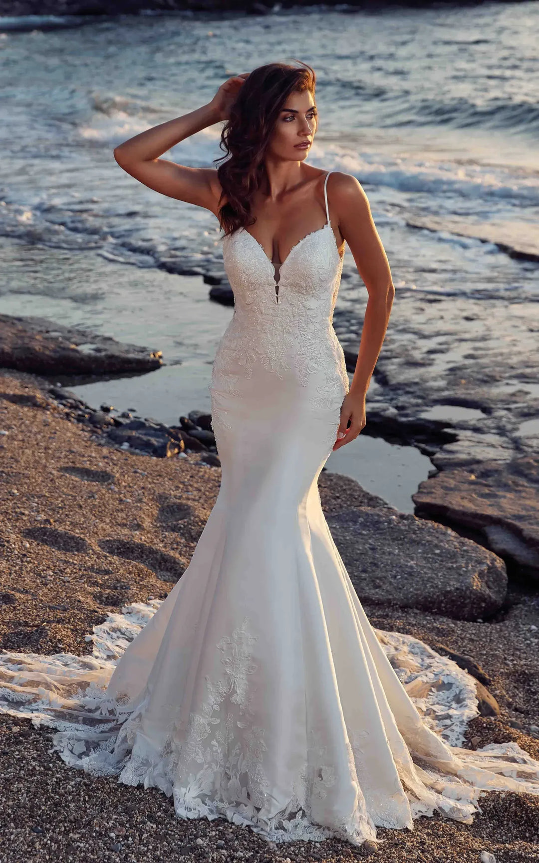 full front of eddy k dr2606 ivory mikado fit and flare wedding dress with lace accents throughout