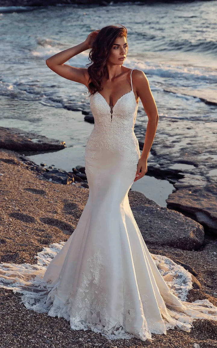full front of eddy k dr2606 ivory mikado fit and flare wedding dress with lace accents throughout