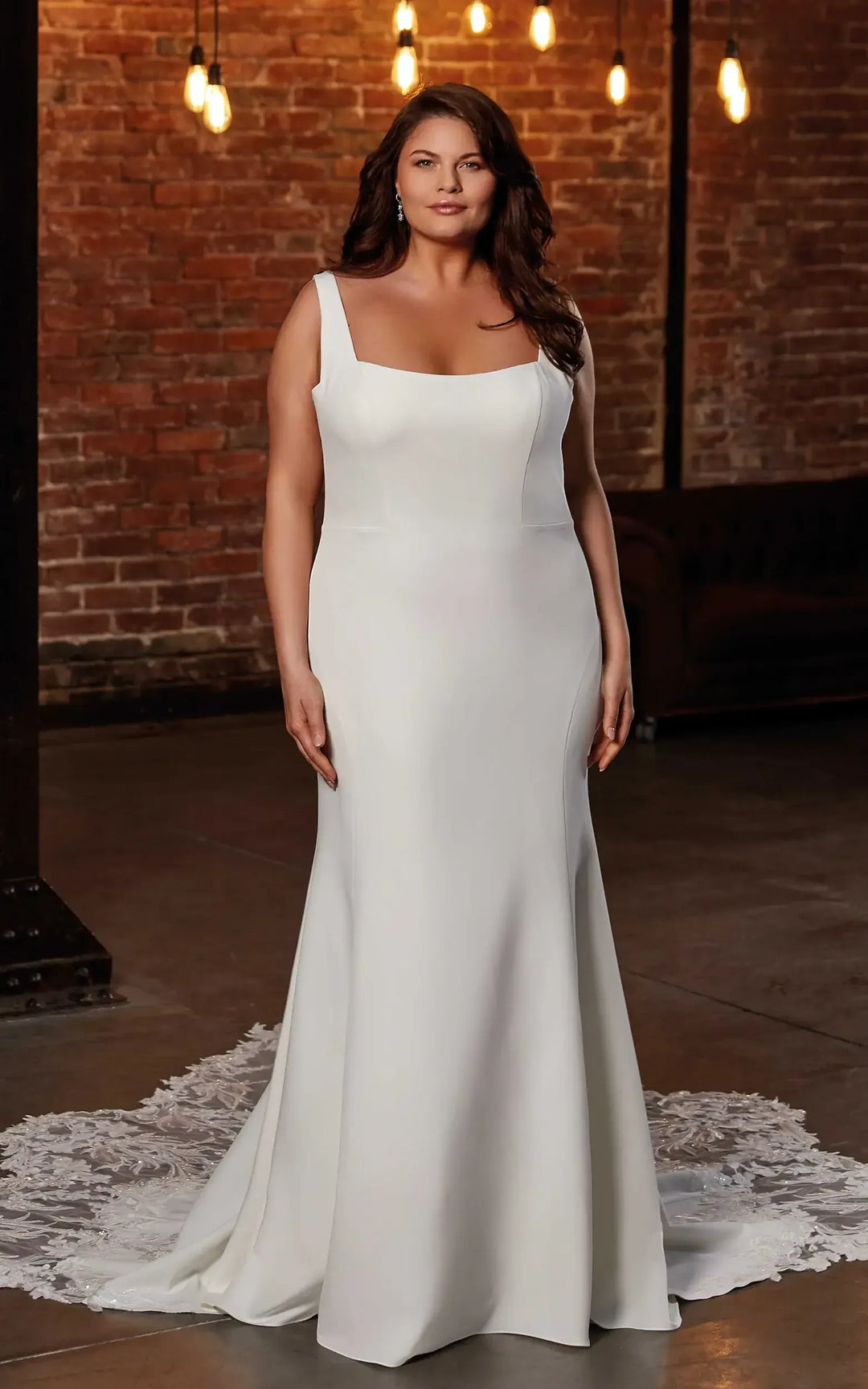 full front of eddy k dylan ivory crepe fitted wedding dress featuring a square neckline with thick straps