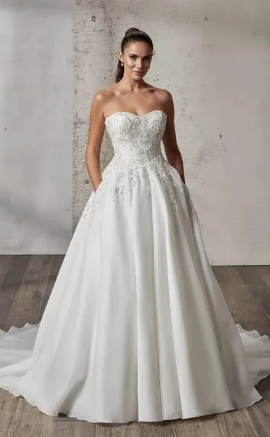 full front of eddy k loretta organza ball gown with a strapless beaded bodice with a sweetheart neckline
