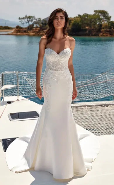 full front of eddy k medina ivory mikado fit and flare wedding dress with lace details on the sweetheart bodice