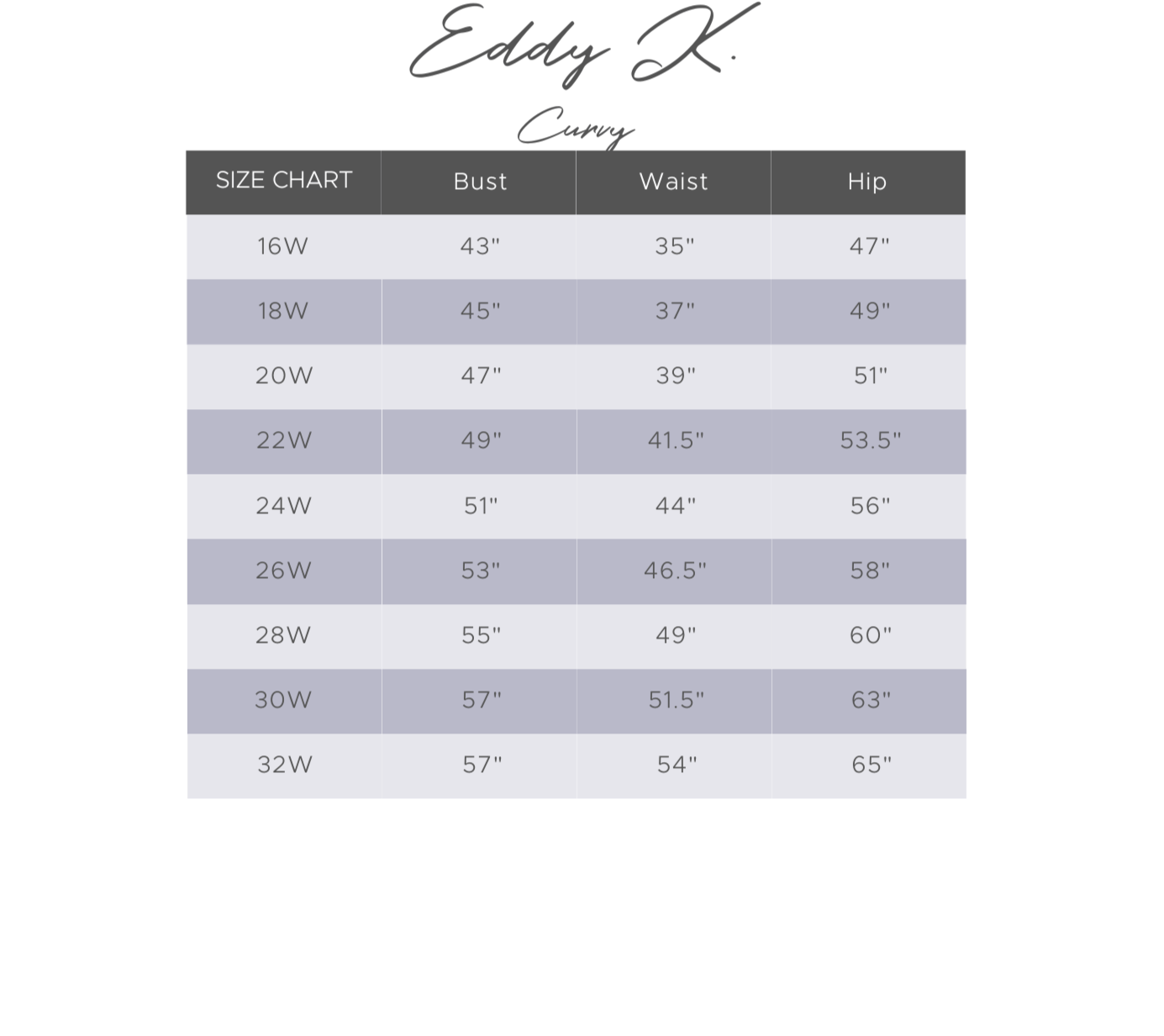 Eddy K. UR228 - Size 24W Size Chart