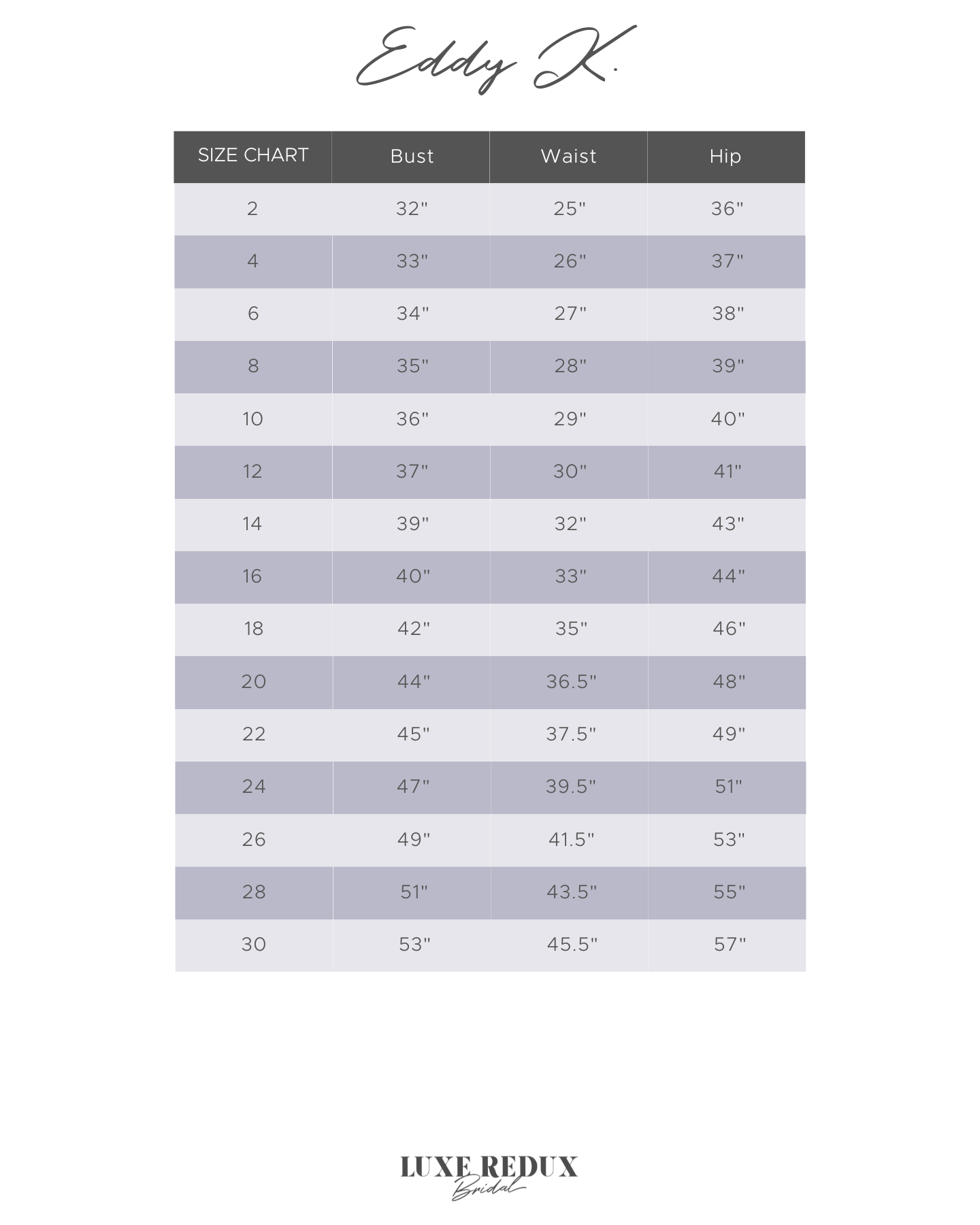 Eddy K. Alessandra DR2015 - Size 14 Size Chart