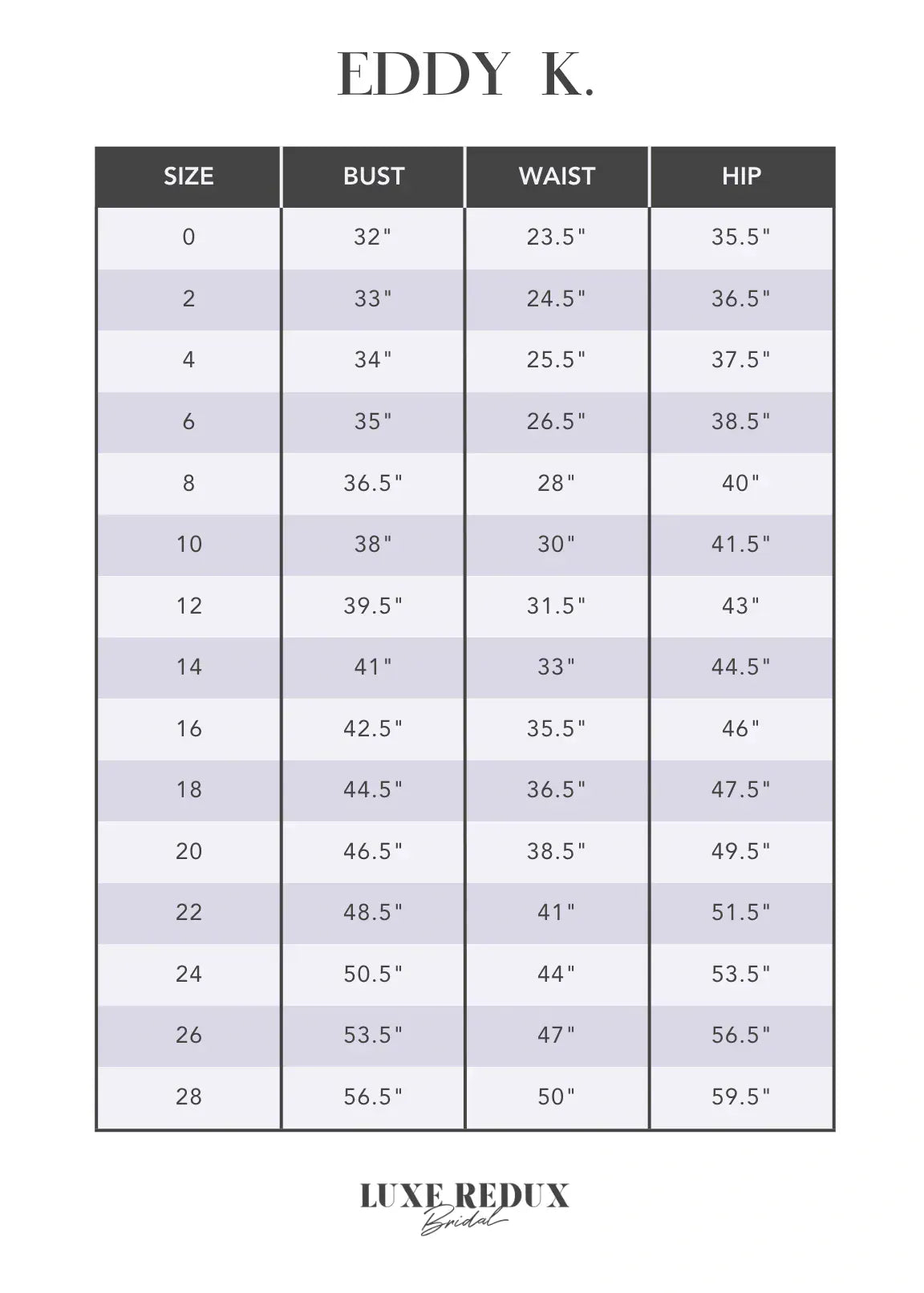 Eddy K. Corale - Size 16 Size Chart