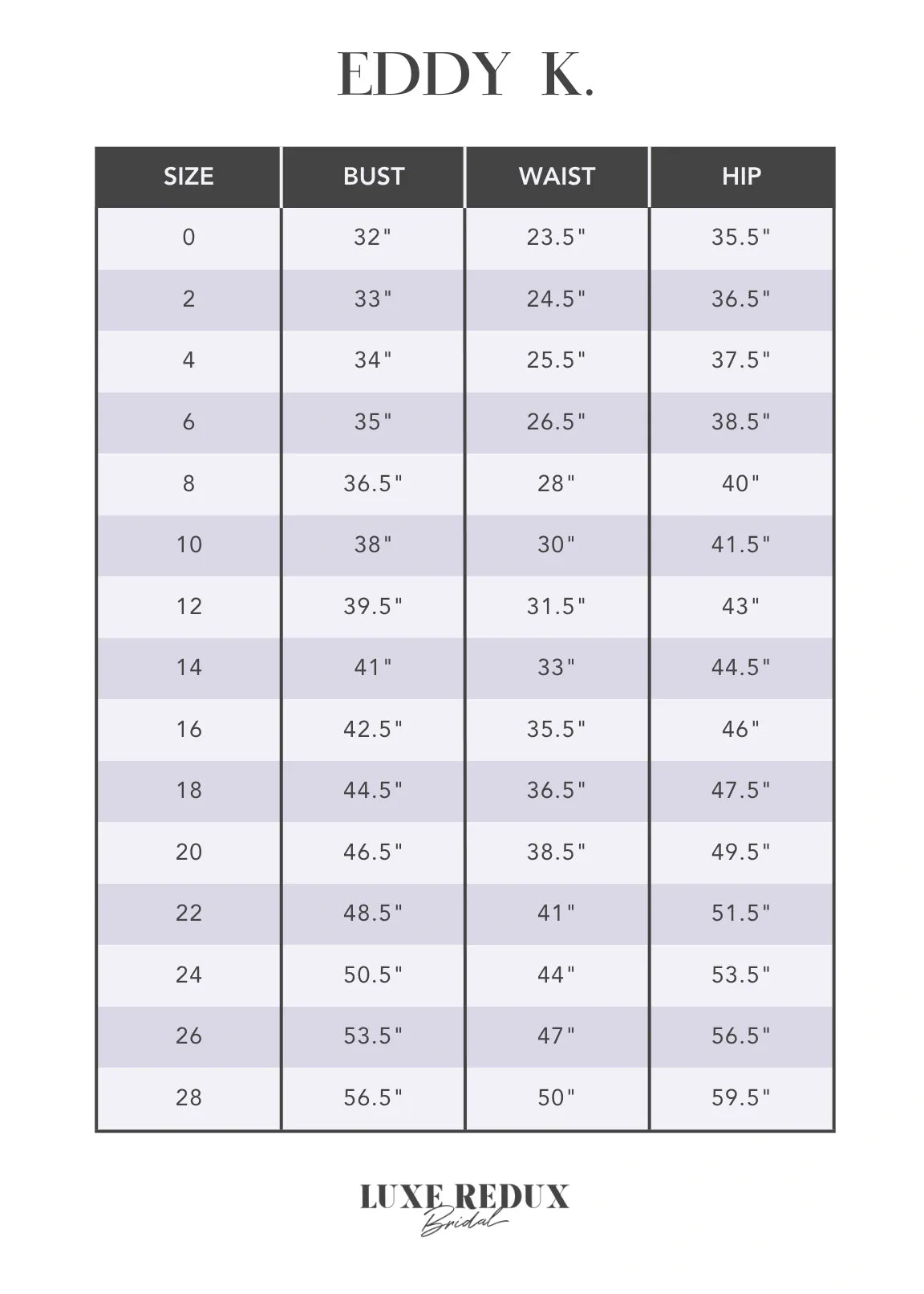 Eddy K. UR331 - Size 20W Size Chart