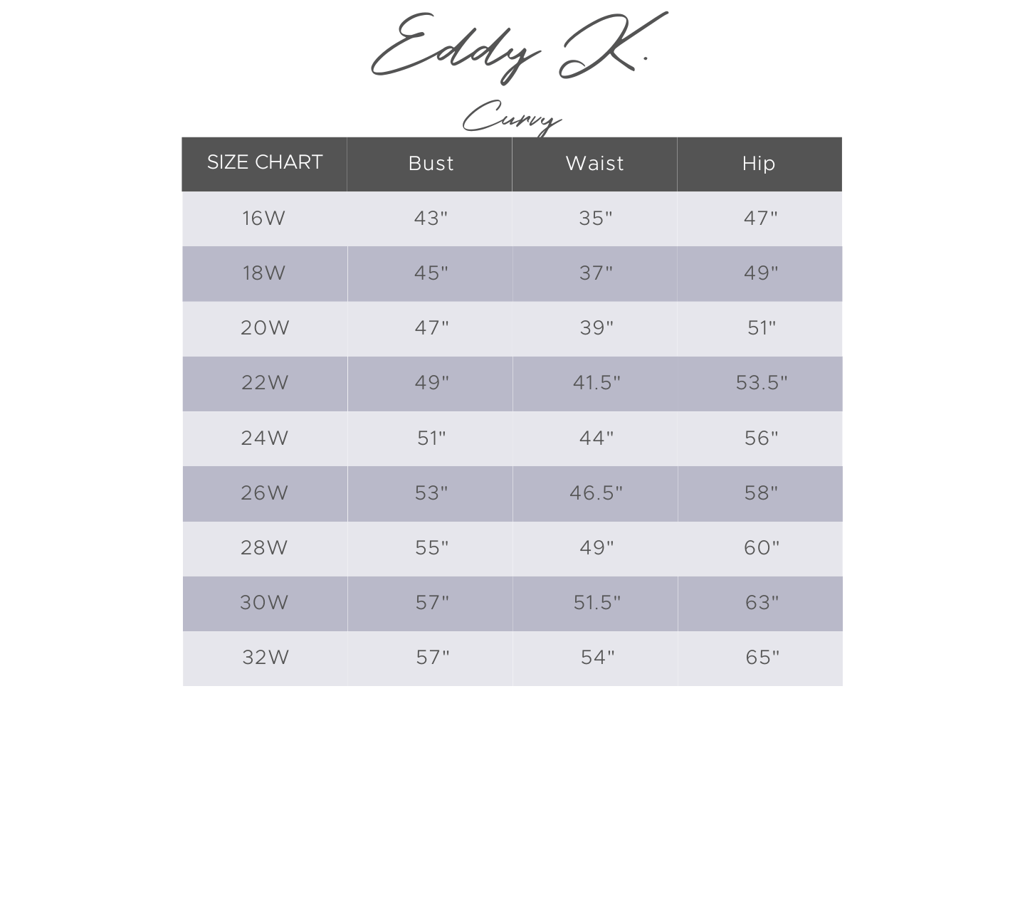 Eddy K. Abigail - Size 20W Size Chart