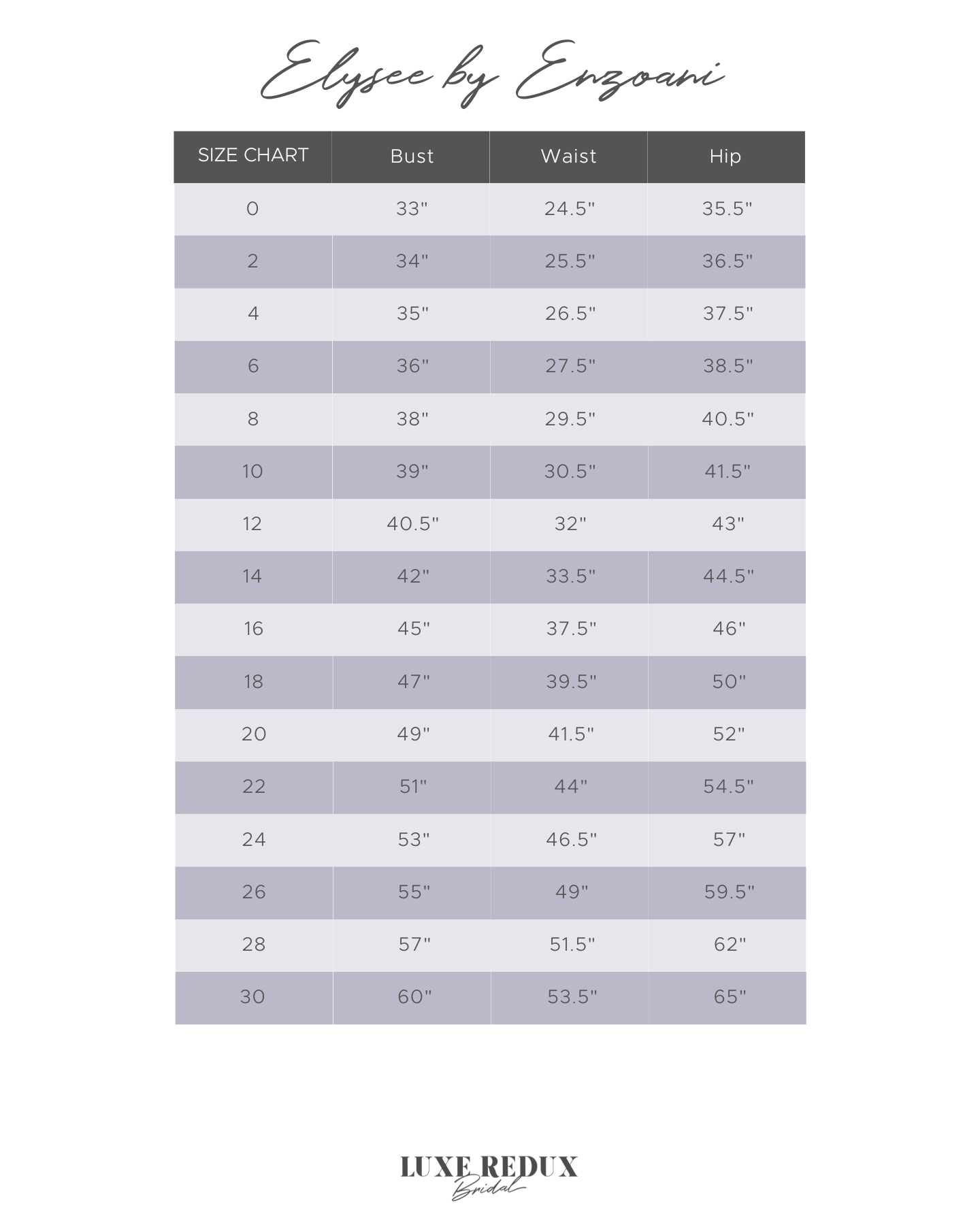 Élysée by Enzoani Lakme - Size 14 Size Chart