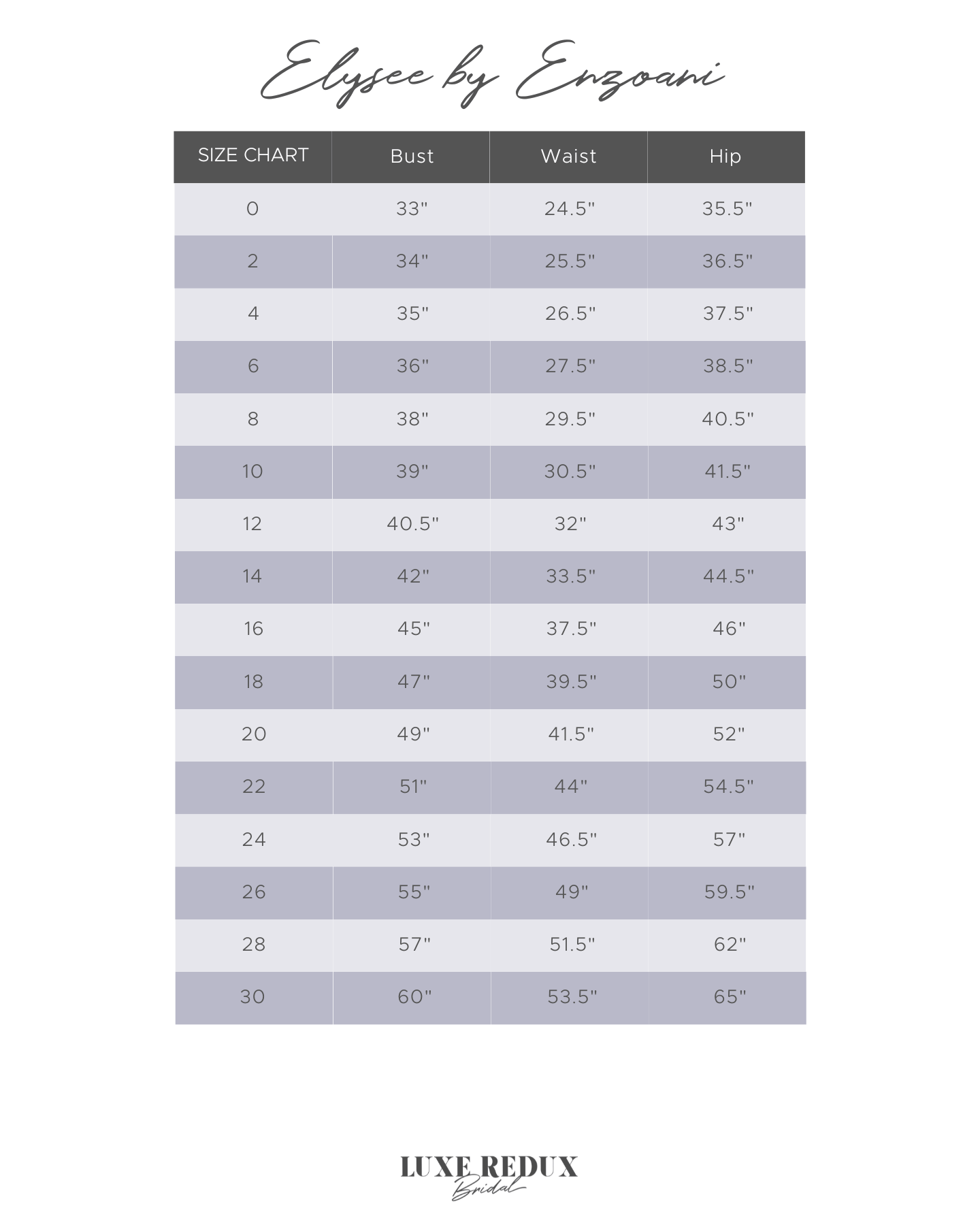 Élysée by Enzoani Cassiopeia - Size 24 Size Chart