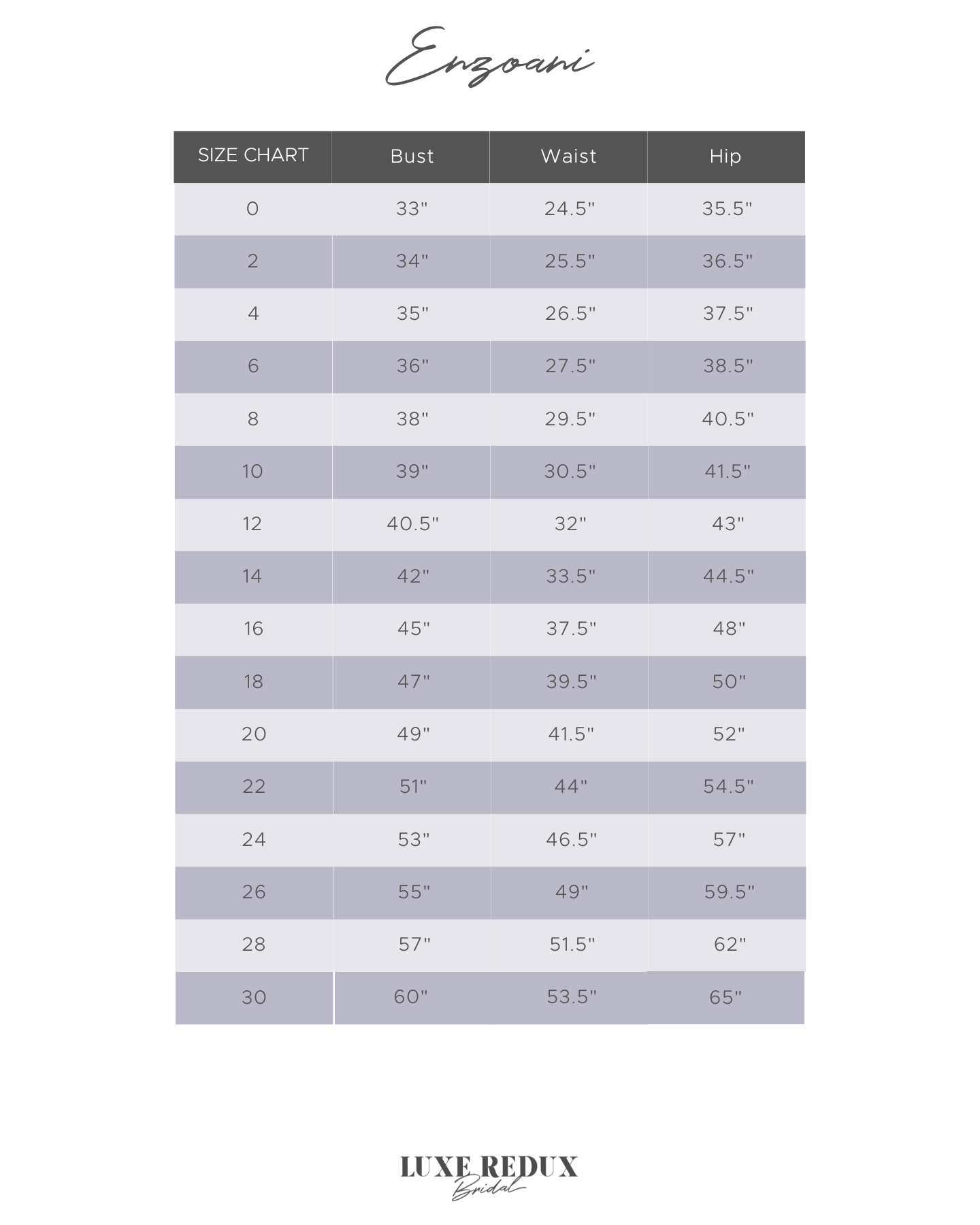 Enzoani Pebbles - Size 12 Size Chart