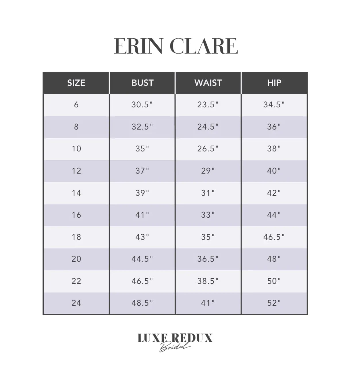Erin Clare Sydney - Size 14 Size Chart