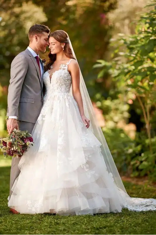 full front of essense of australia d3088 moscato tulle ball gown wedding dress with a tiered skirt