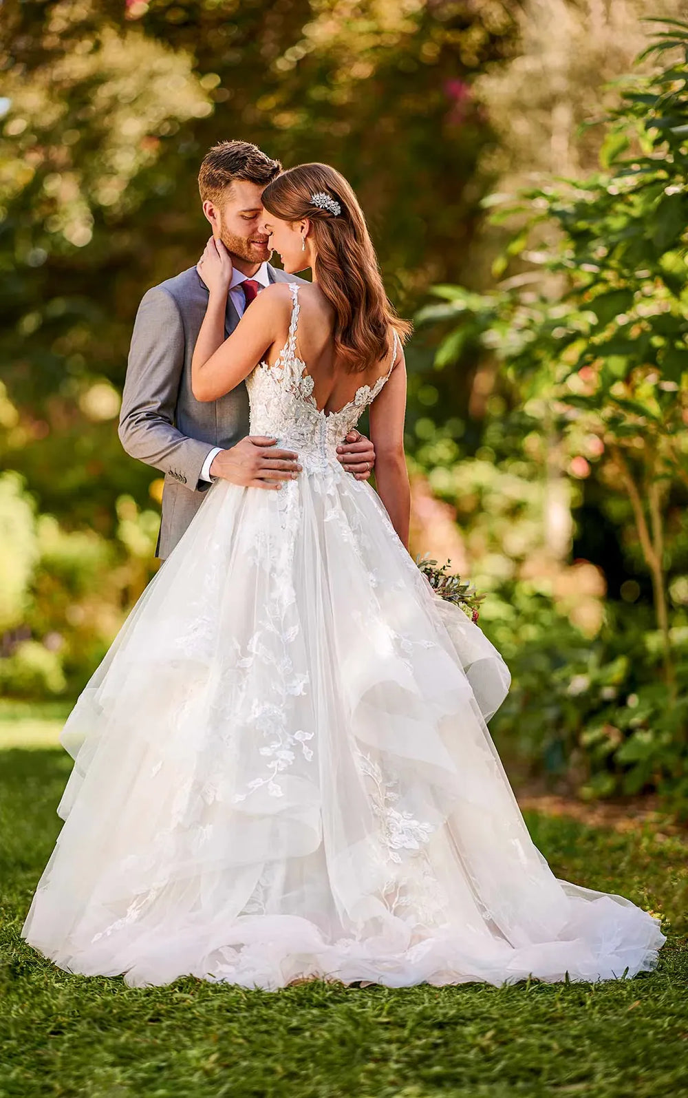 full back of essense of australia d3088 moscato tulle ball gown wedding dress with a tiered skirt