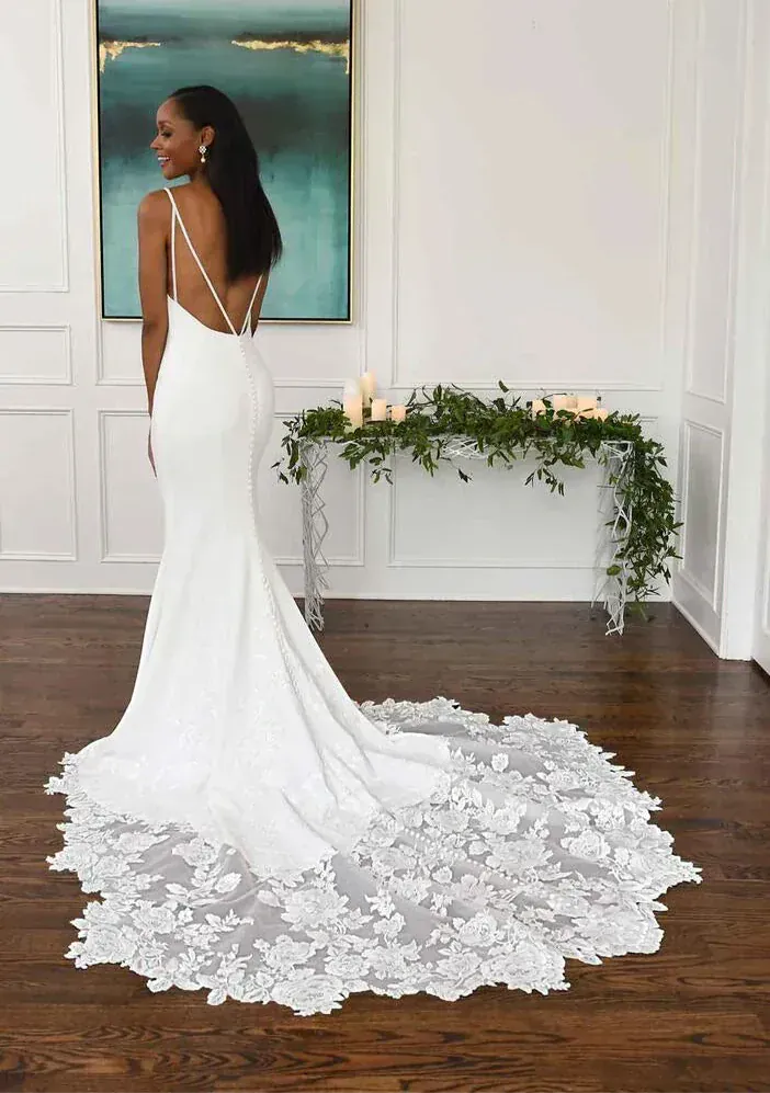 full back of essense d3112 ivory crepe fitted wedding dress with lace appliques and a v neckline